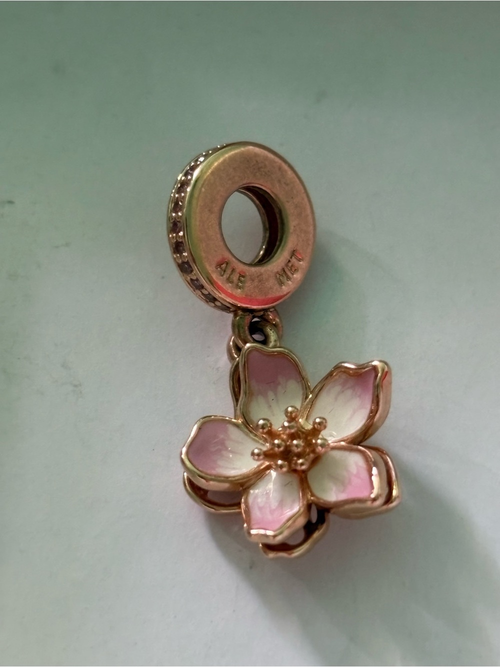 Pandora Rose Gold Cherry Blossom Dangle Charm with Pink Enamel